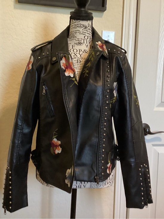 Jackets & Blazers - Black Floral Studded Faux Leather Jacket - Women's